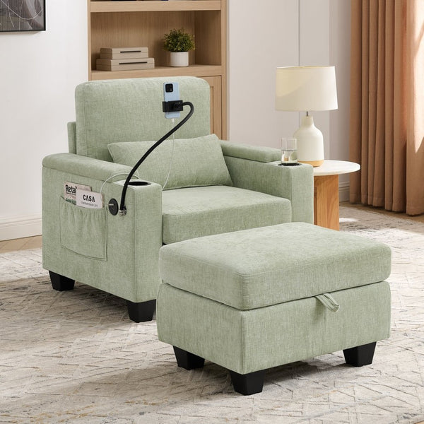 English Elm Single Chenille Manual Recliner with Usb Port Hidden Storage Ottoman and Cup Holders Cyan W487P423654