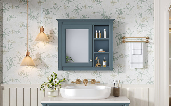 English Elm 30'' Modern Medicine Cabinet with Mirror and Adjustable Shelves, MDF Wall-Mounted Bathroom Storage Solution Blue N710P192495M