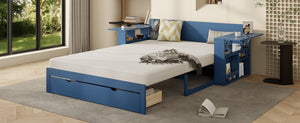 English Elm Full Size Daybed with Hydraulic Desk Armrests Storage Drawer and Sofa Seating Blue LT000271AAC