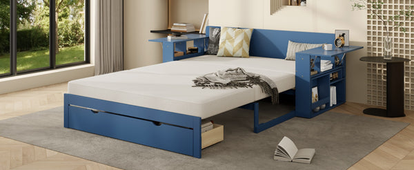 English Elm Full Size Daybed with Hydraulic Desk Armrests Storage Drawer and Sofa Seating Blue LT000271AAC