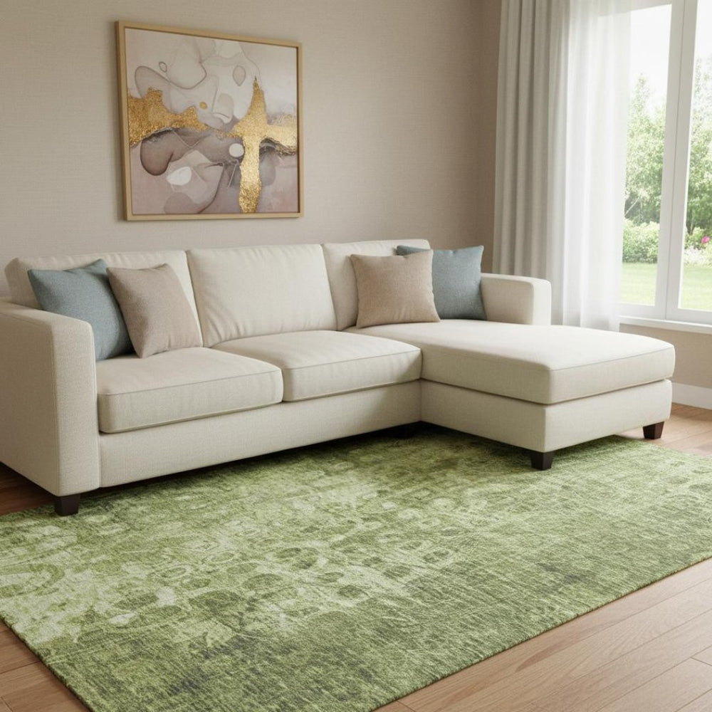 HomeRoots 9' X 12' Olive Green and Ivory Ikat Area Rug - Washable, UV Protected, Durable for High-Traffic Spaces 650001