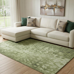 HomeRoots 10' X 14' Olive Green Ikat Area Rug - Washable, UV Protected, Stain Resistant for High-Traffic Spaces 650002