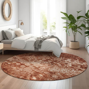 HomeRoots 8' Chili Red and Ivory Ikat Round Rug - Washable, UV-Protected, Durable for Indoor/Outdoor Use 650005