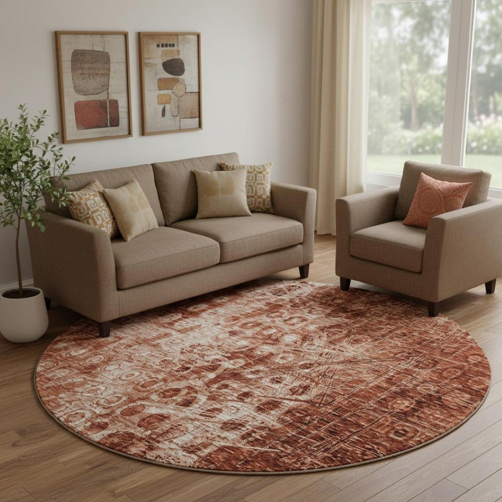 HomeRoots 8' Chili Red and Ivory Ikat Round Rug - Washable, UV-Protected, Durable for Indoor/Outdoor Use 650005