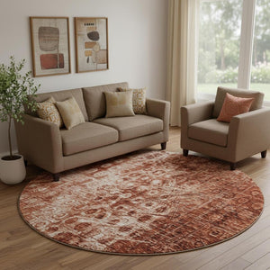 HomeRoots 8' Chili Red and Ivory Ikat Round Rug - Washable, UV-Protected, Durable for Indoor/Outdoor Use 650005