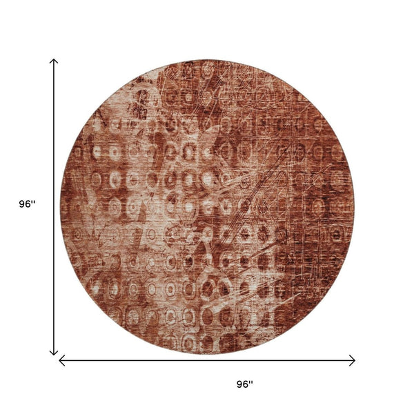 HomeRoots 8' Chili Red and Ivory Ikat Round Rug - Washable, UV-Protected, Durable for Indoor/Outdoor Use 650005