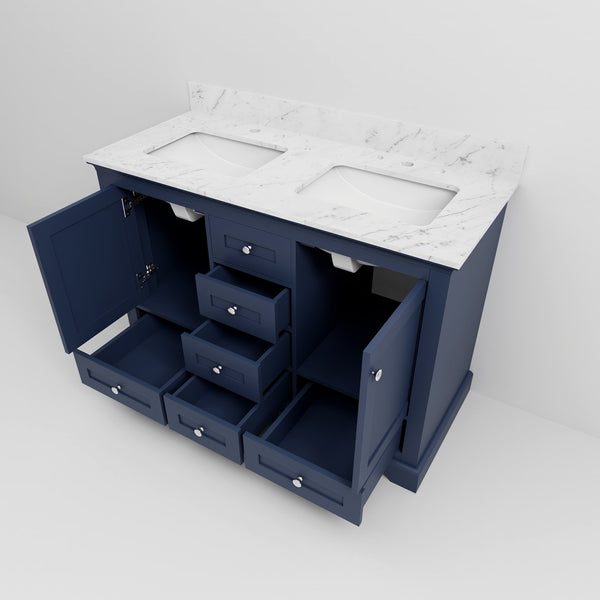 English Elm Navy Double Bath Vanity 48" W x 22" D with Carrara Marble Top, Solid Wood, Soft-Close Drawers, Ample Storage B2731P258188