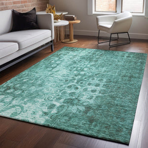 HomeRoots 5' X 8' Vibrant Teal And Ivory Ikat Area Rug - Washable, UV Protected, Stain Resistant & Durable Design 650010