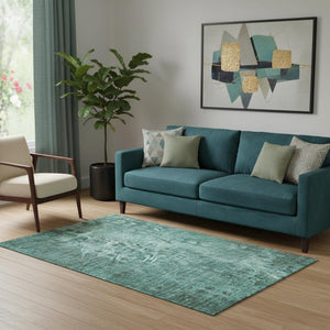 HomeRoots 5' X 8' Vibrant Teal And Ivory Ikat Area Rug - Washable, UV Protected, Stain Resistant & Durable Design 650010