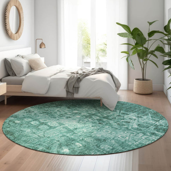 HomeRoots 8' Teal and Ivory Ikat Round Rug - Washable, Stain-Resistant, UV Protected for Modern Living Spaces 650011