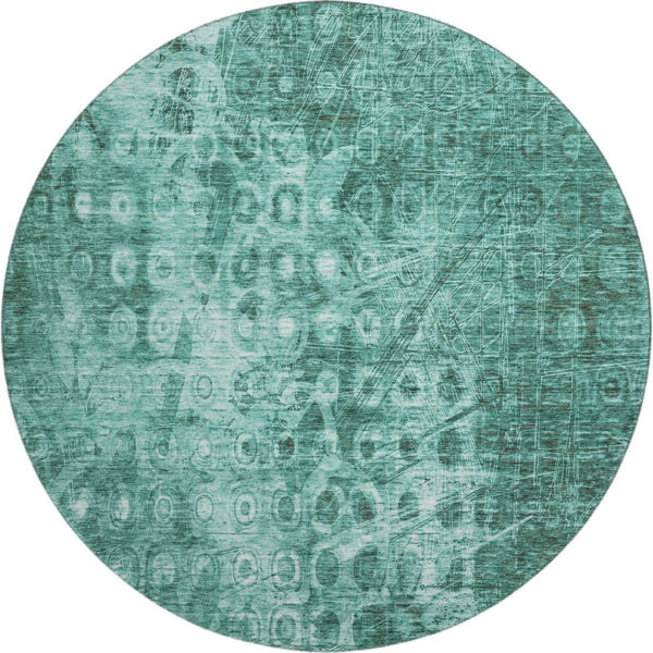 HomeRoots 8' Teal and Ivory Ikat Round Rug - Washable, Stain-Resistant, UV Protected for Modern Living Spaces 650011