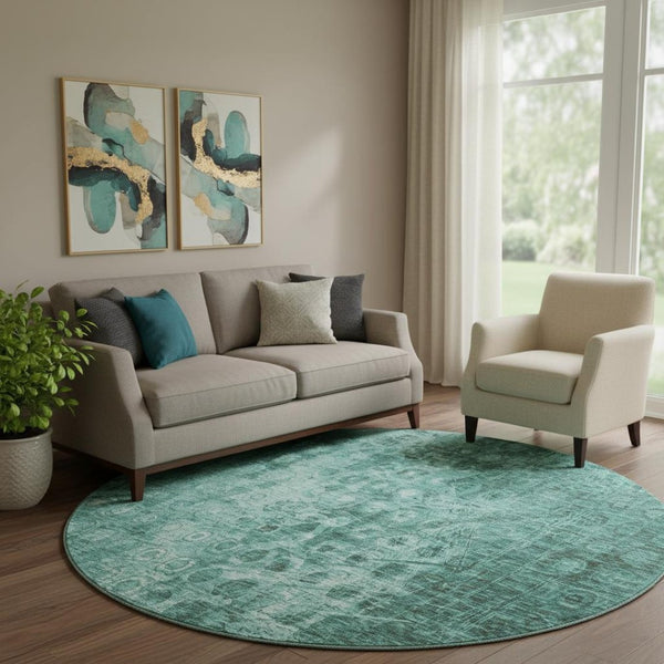 HomeRoots 8' Teal and Ivory Ikat Round Rug - Washable, Stain-Resistant, UV Protected for Modern Living Spaces 650011