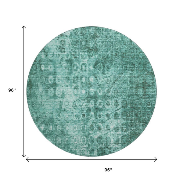 HomeRoots 8' Teal and Ivory Ikat Round Rug - Washable, Stain-Resistant, UV Protected for Modern Living Spaces 650011
