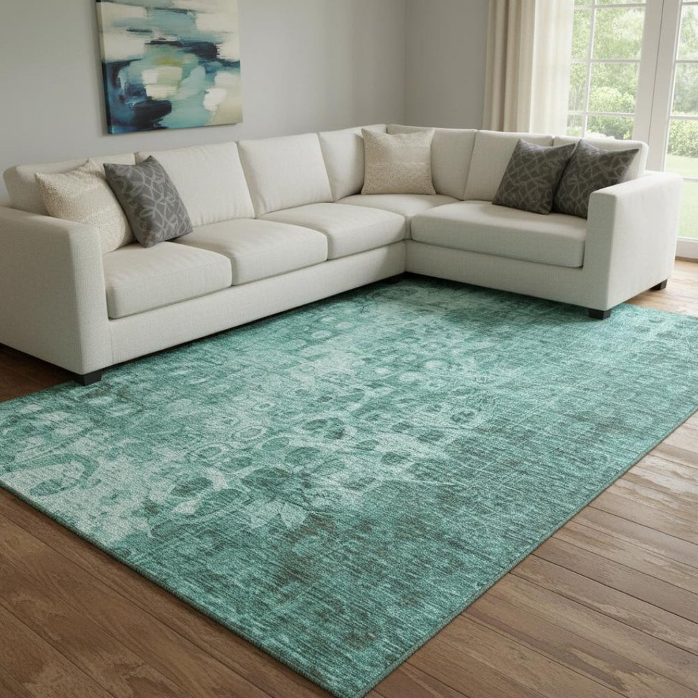 HomeRoots 10' X 14' Teal & Ivory Ikat Washable Area Rug – Durable, UV-Protected, Easy-Care for High-Traffic Rooms 650014