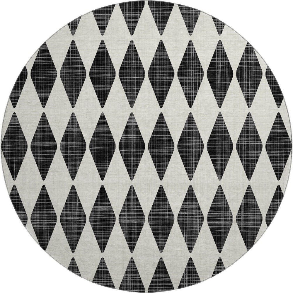 HomeRoots 8' Black And Ivory Diamond Round Rug – UV Protected, Stain-Resistant, Machine-Washable Perfection! 650023