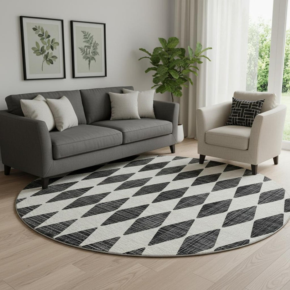 HomeRoots 8' Black And Ivory Diamond Round Rug – UV Protected, Stain-Resistant, Machine-Washable Perfection! 650023