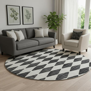 HomeRoots 8' Black And Ivory Diamond Round Rug – UV Protected, Stain-Resistant, Machine-Washable Perfection! 650023