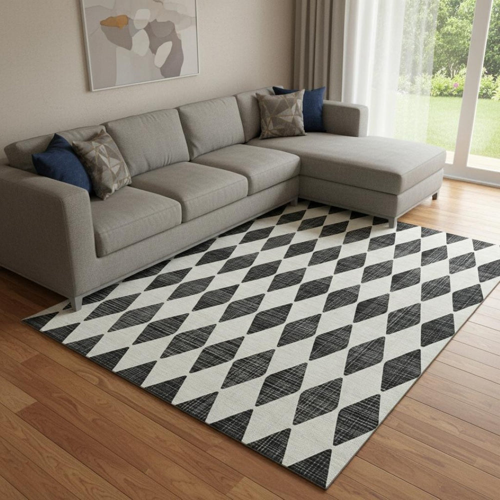 HomeRoots 8' X 10' Black and Ivory Diamond Area Rug - Washable, UV-Protected, Durable, Perfect for Families! 650024