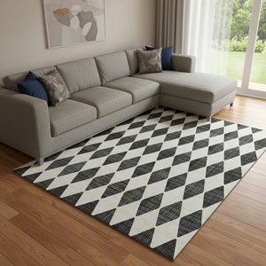HomeRoots 8' X 10' Black and Ivory Diamond Area Rug - Washable, UV-Protected, Durable, Perfect for Families! 650024
