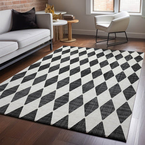 HomeRoots 8' X 10' Black and Ivory Diamond Area Rug - Washable, UV-Protected, Durable, Perfect for Families! 650024