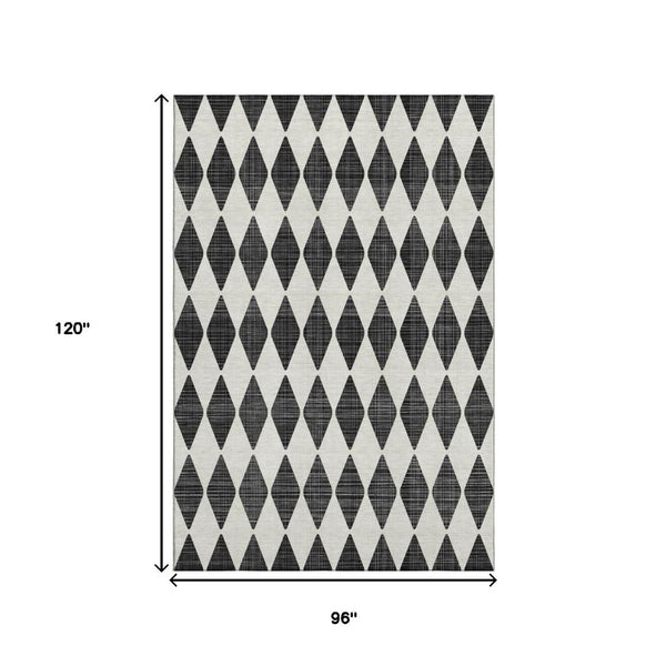 HomeRoots 8' X 10' Black and Ivory Diamond Area Rug - Washable, UV-Protected, Durable, Perfect for Families! 650024