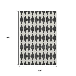 HomeRoots 9' X 12' Black And Ivory Diamond Area Rug - Washable, UV Protected, Perfect for High-Traffic Spaces! 650025