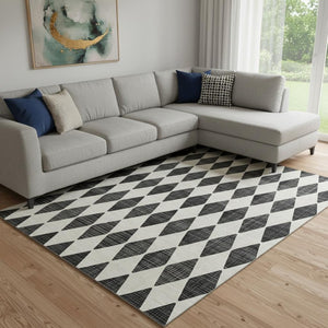 HomeRoots 9' X 12' Black And Ivory Diamond Area Rug - Washable, UV Protected, Perfect for High-Traffic Spaces! 650025