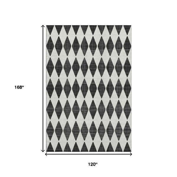 HomeRoots 10' X 14' Black And Ivory Diamond Area Rug – Durable, Washable, UV-Protected for Stylish Living Spaces 650026