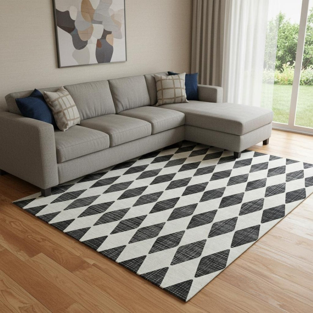 HomeRoots 10' X 14' Black And Ivory Diamond Area Rug – Durable, Washable, UV-Protected for Stylish Living Spaces 650026