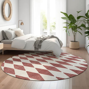 HomeRoots 8' Burgundy Round Rug – Stylish Diamond Design, Washable, UV Protection, Ideal for Homes with Kids & Pets 650029