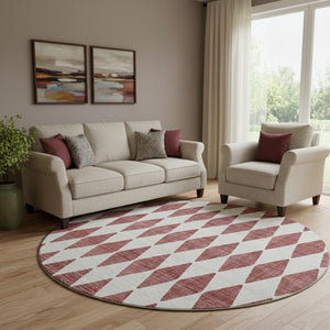 HomeRoots 8' Burgundy Round Rug – Stylish Diamond Design, Washable, UV Protection, Ideal for Homes with Kids & Pets 650029