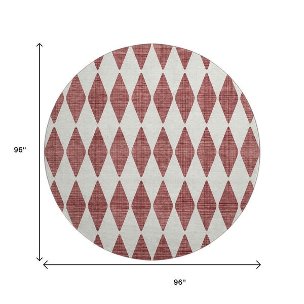 HomeRoots 8' Burgundy Round Rug – Stylish Diamond Design, Washable, UV Protection, Ideal for Homes with Kids & Pets 650029