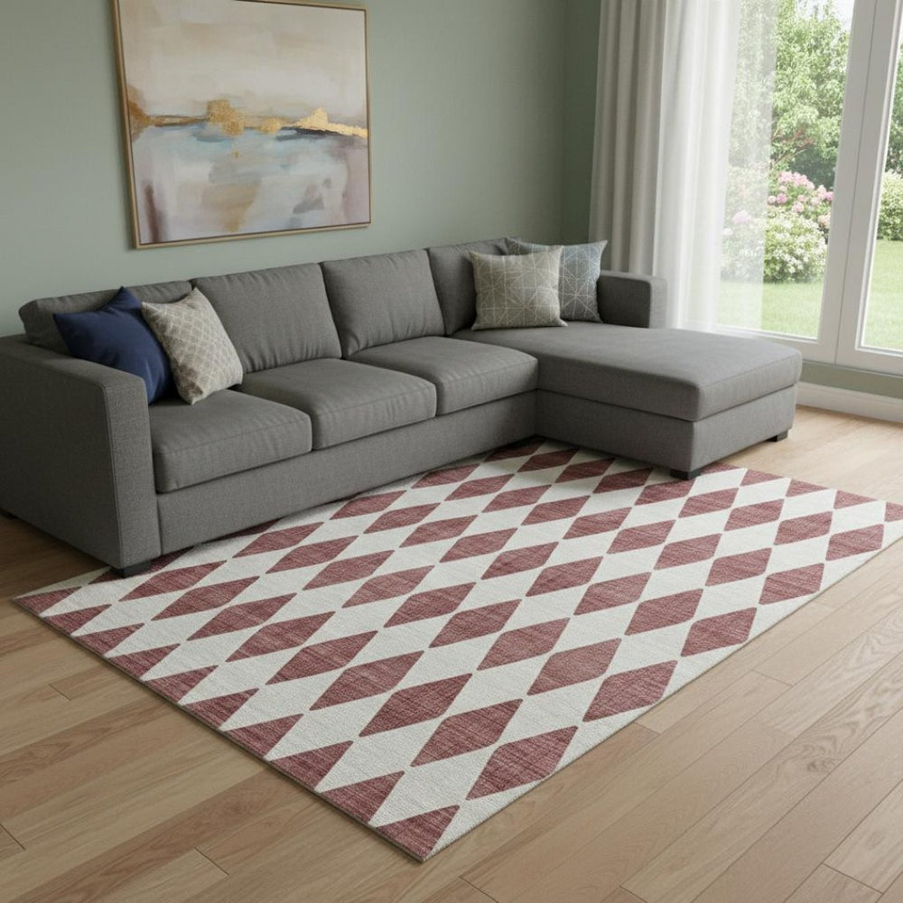 HomeRoots 8' X 10' Stylish Burgundy & Ivory Diamond Rug - Washable, UV Protected, Perfect for Busy Homes! 650030