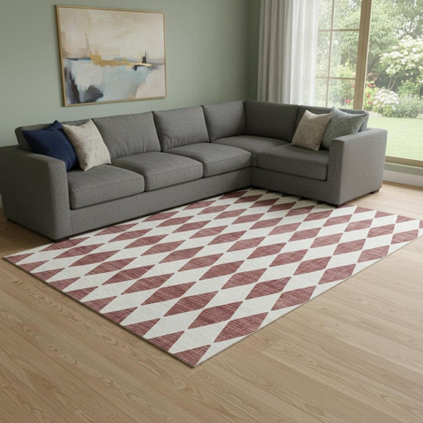 HomeRoots 9' X 12' Burgundy & Ivory Diamond Area Rug - Washable, UV-Protected, Durable, Perfect for Busy Homes 650031