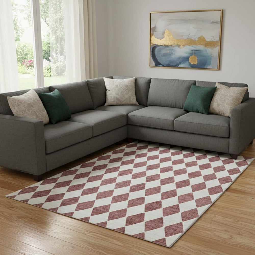 HomeRoots 10' Burgundy and Ivory Diamond Area Rug - Washable, UV Protected, Durable for Busy Homes! 650032