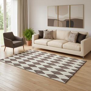 HomeRoots 5' X 8' Brown and Ivory Diamond Area Rug - Stylish, Washable, UV-Protected for High-Traffic Spaces 650034