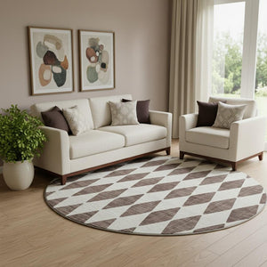 HomeRoots 8' Brown And Ivory Diamond Round Rug - Washable, Stain Resistant, UV Protected, Perfect for Kids & Pets 650035
