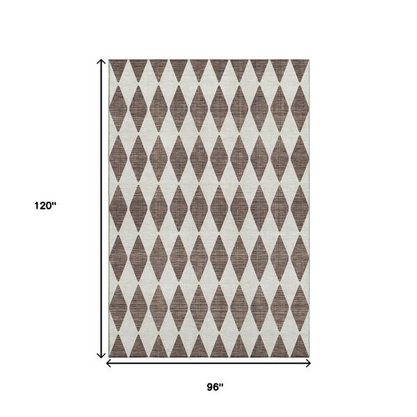 HomeRoots 8' X 10' Brown and Ivory Diamond Area Rug – Stylish, Washable, UV-Protected for Homes with Kids & Pets 650036