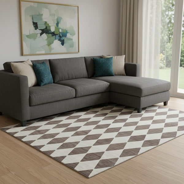 HomeRoots 8' X 10' Brown and Ivory Diamond Area Rug – Stylish, Washable, UV-Protected for Homes with Kids & Pets 650036