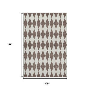 HomeRoots 9' X 12' Brown and Ivory Diamond Area Rug - Washable, UV Protected, Stain Resistant for Busy Homes 650037
