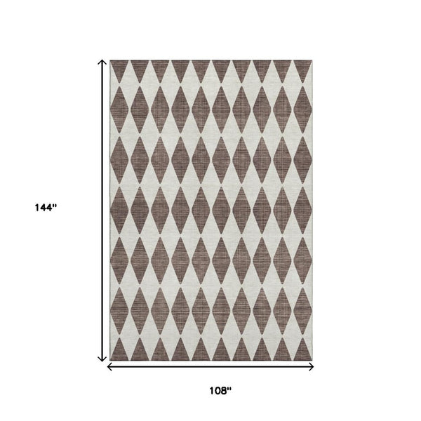 HomeRoots 9' X 12' Brown and Ivory Diamond Area Rug - Washable, UV Protected, Stain Resistant for Busy Homes 650037