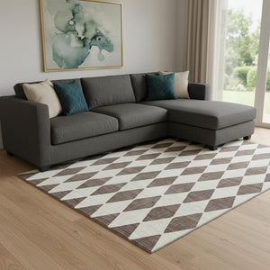 HomeRoots 9' X 12' Brown and Ivory Diamond Area Rug - Washable, UV Protected, Stain Resistant for Busy Homes 650037