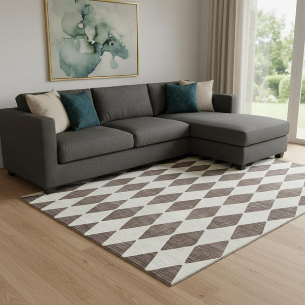 HomeRoots 9' X 12' Brown and Ivory Diamond Area Rug - Washable, UV Protected, Stain Resistant for Busy Homes 650037