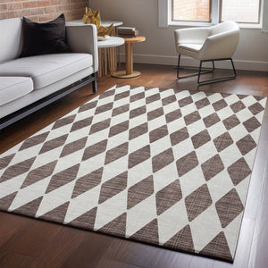 HomeRoots 9' X 12' Brown and Ivory Diamond Area Rug - Washable, UV Protected, Stain Resistant for Busy Homes 650037