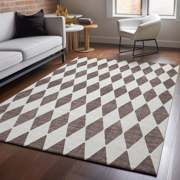 HomeRoots 9' X 12' Brown and Ivory Diamond Area Rug - Washable, UV Protected, Stain Resistant for Busy Homes 650037