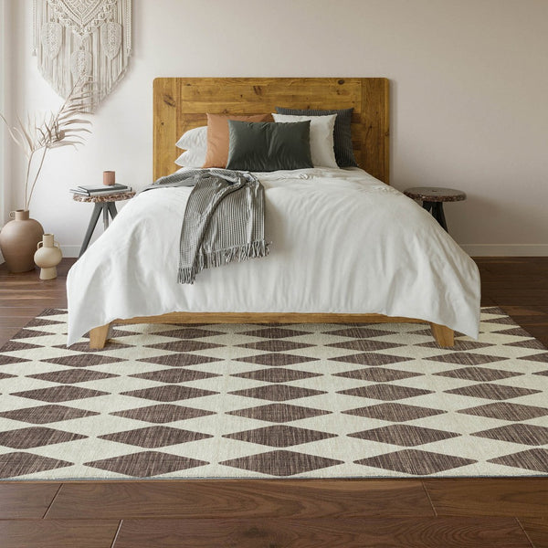 HomeRoots 9' X 12' Brown and Ivory Diamond Area Rug - Washable, UV Protected, Stain Resistant for Busy Homes 650037