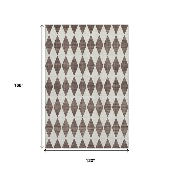 HomeRoots 10' X 14' Brown And Ivory Diamond Area Rug - Washable, UV Protected, Stain Resistant for Busy Homes 650038