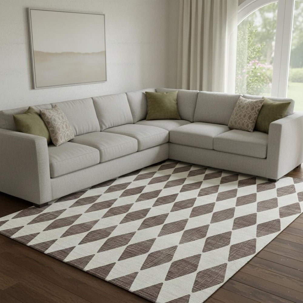 HomeRoots 10' X 14' Brown And Ivory Diamond Area Rug - Washable, UV Protected, Stain Resistant for Busy Homes 650038