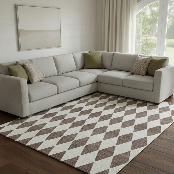HomeRoots 10' X 14' Brown And Ivory Diamond Area Rug - Washable, UV Protected, Stain Resistant for Busy Homes 650038