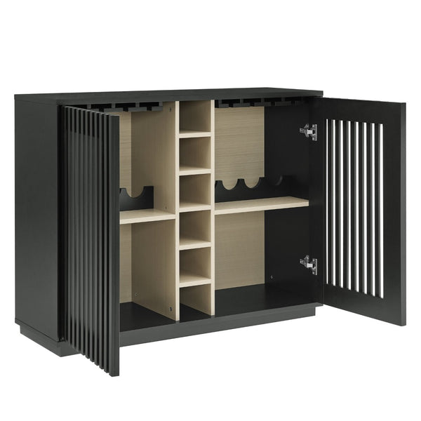 English Elm Mid Century Fluted Buffet Sideboard with Integrated Wine Rack and Glass Holder Storage Black W1801P454198